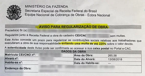 Aviso Receita Federal INSS de Obra